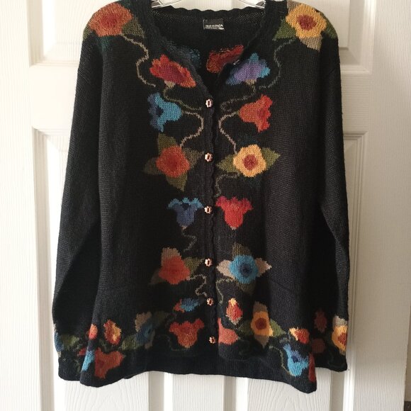 EUC Carmen's Made in Peru 100% Alpaca Button Up Floral Knit Cardigan Sweater - Picture 9 of 9